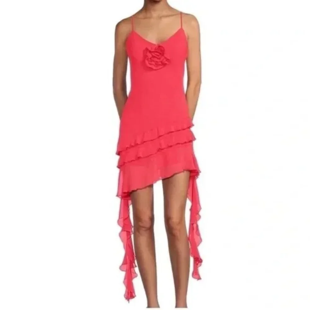Gianni Bini Mini Dress Sz 4 Rose Pink‎ Ruffle Flowy Chiffon NWT $198